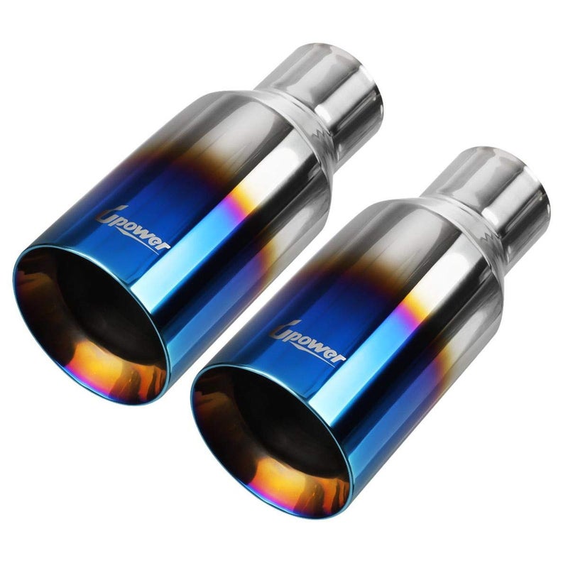 Upower 2.5 Inch Inlet 4 Inch Outlet Exhaust Tip 2 1/2" to 4" Blue Burnt Exhaust Tailpipe 9" Long Double Wall Straight Cut 304 SS Weld On Pack of 2 - Image 1